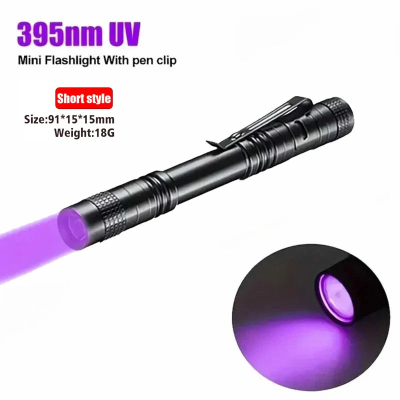 UV Flashlight 395nm – Mini Ultraviolet Torch with Pen Clip (Pet Urine & Scorpion Detector