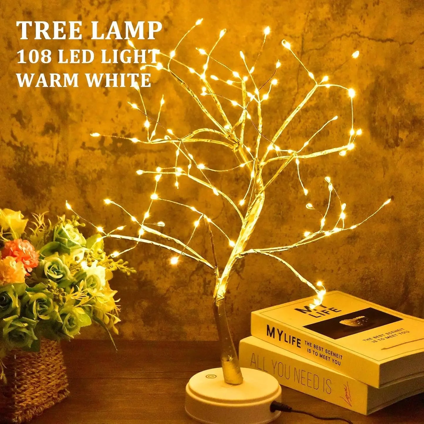 LED Tree Lamp – USB/Battery Powered Decorative Light with Copper Wire & Golden Leaves