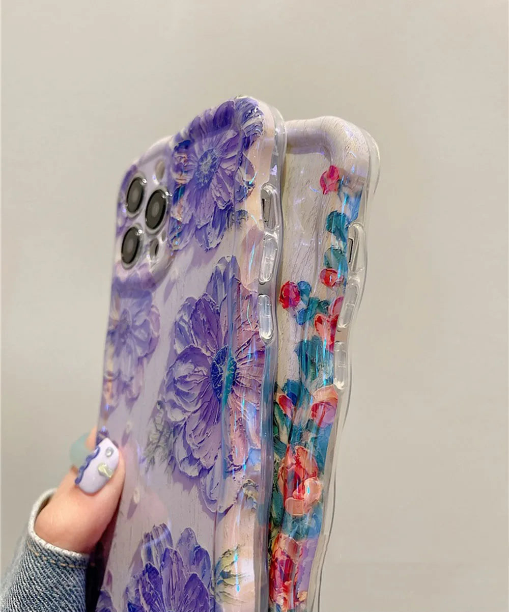 Stylish Floral Oil Painting Phone Case – Retro Wave Border Design for iPhone 11–16 Pro Max