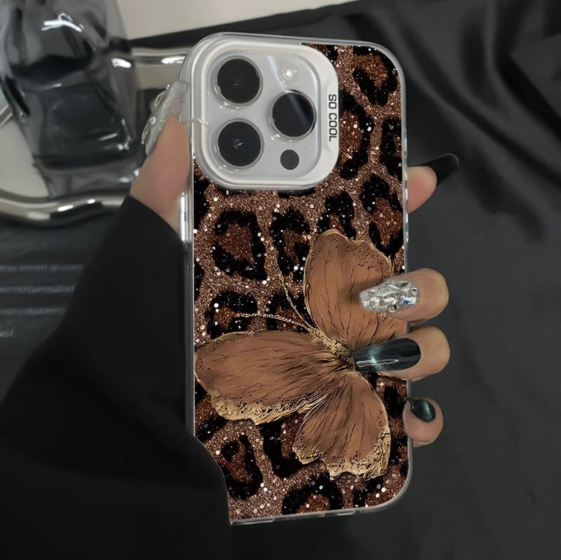 Brown Butterfly Leopard Print Phone Case for iPhone 17 16 15 14 13 12 Pro Max
