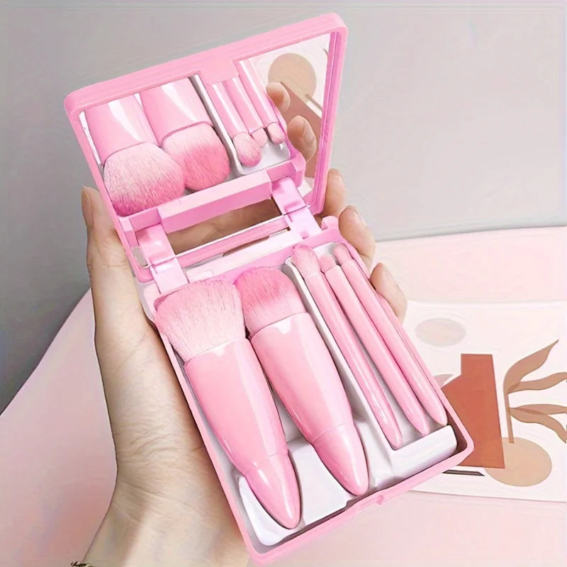 5Pcs Portable Makeup Brush Set with Mirror – Foldable Travel Kit