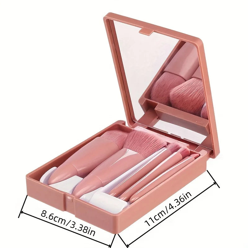 5Pcs Portable Makeup Brush Set with Mirror – Foldable Travel Kit