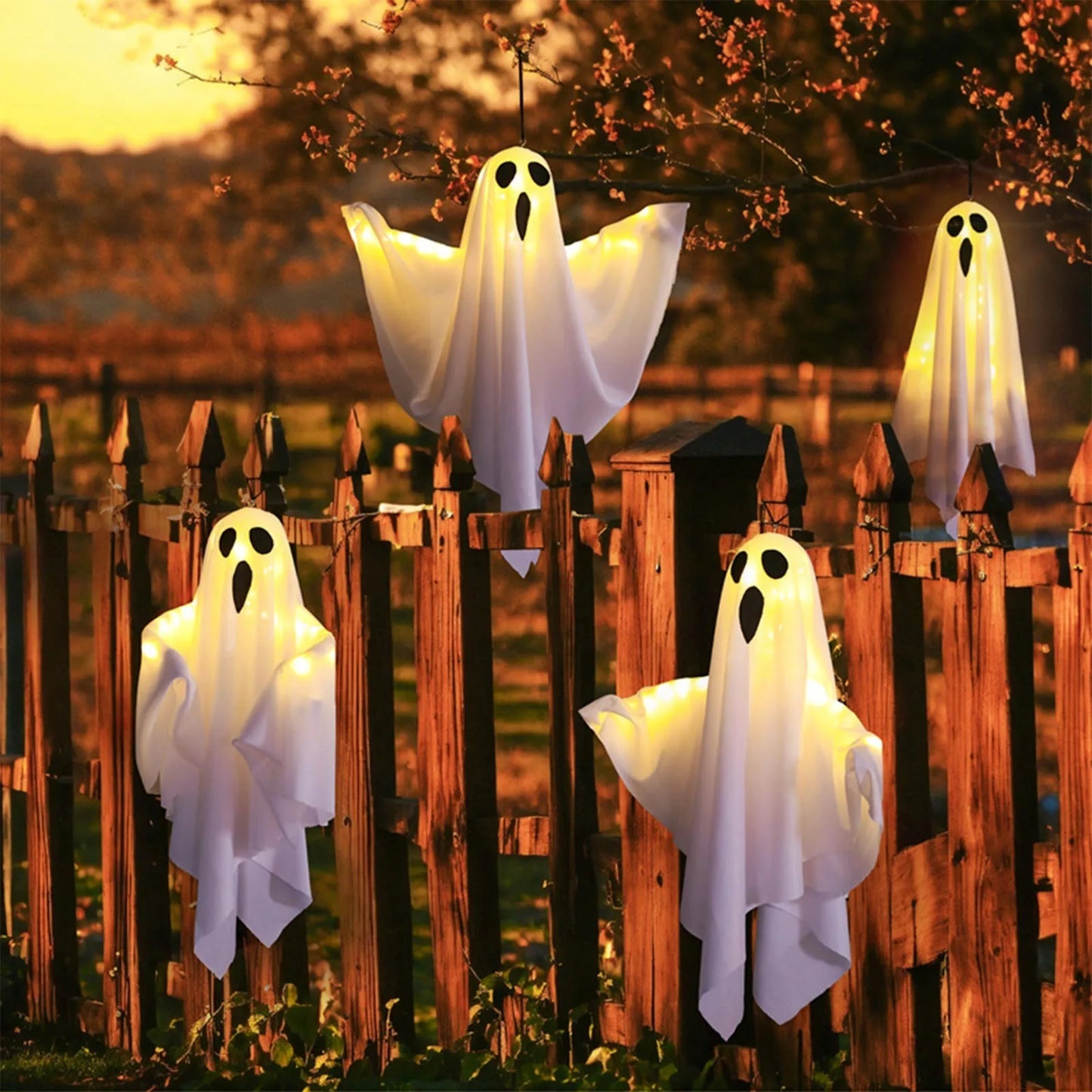 Halloween Light-Up Hanging Ghosts  Bright, Fun, and Perfect for Indoor or Outdoor Displays