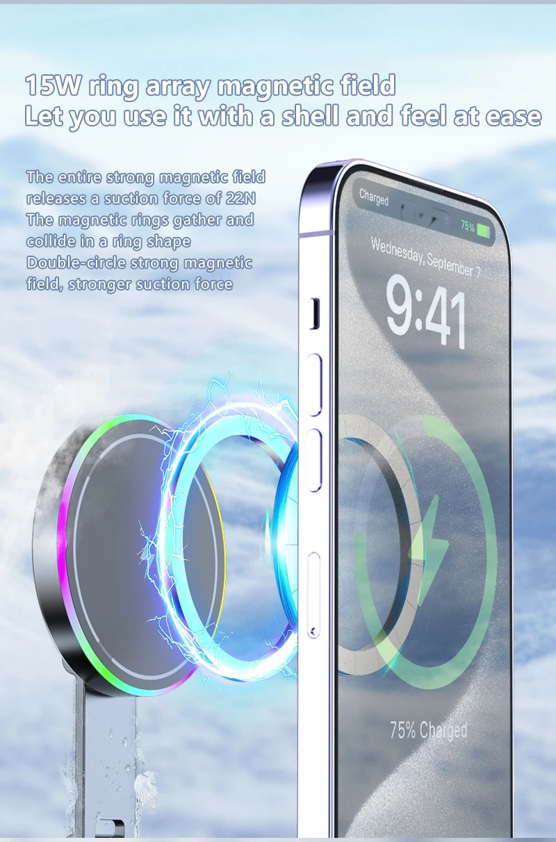 15W Wireless Charger Magnetic Car Holder – Multi-Angle Rotation for iPhone 12–16 Pro Max