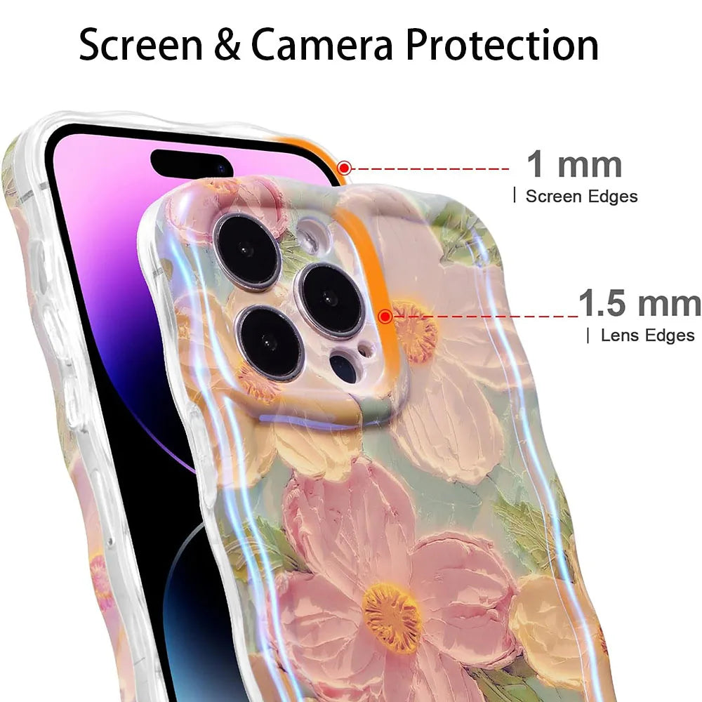 Stylish Floral Oil Painting Phone Case – Retro Wave Border Design for iPhone 11–16 Pro Max