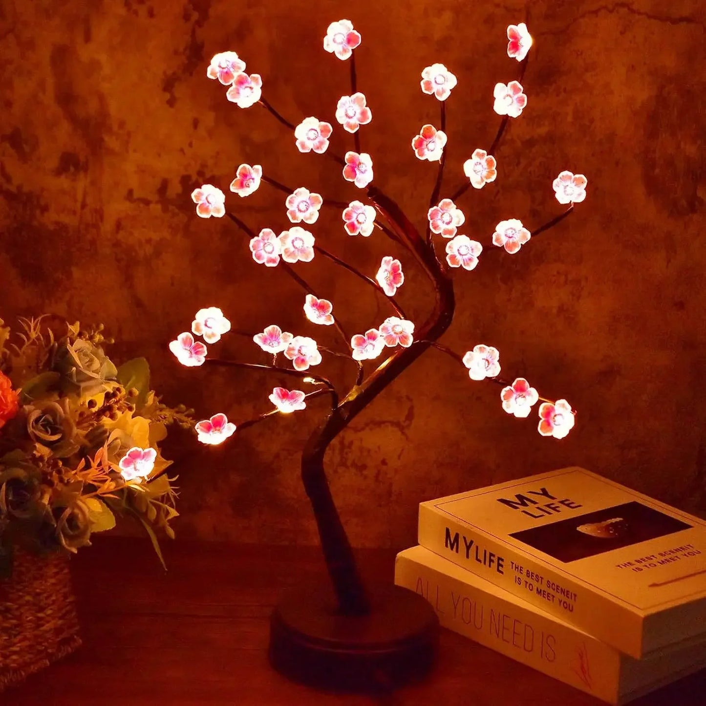 LED Tree Lamp – USB/Battery Powered Decorative Light with Copper Wire & Golden Leaves
