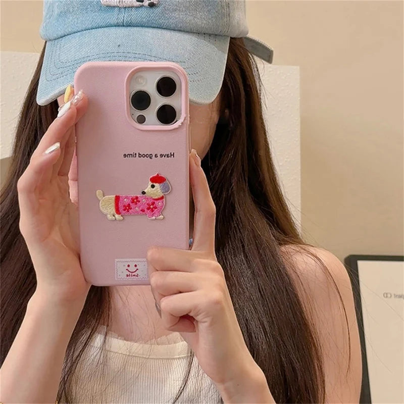 Cute Cartoon Dog Case for iPhone – Soft Litchi Pattern Cover