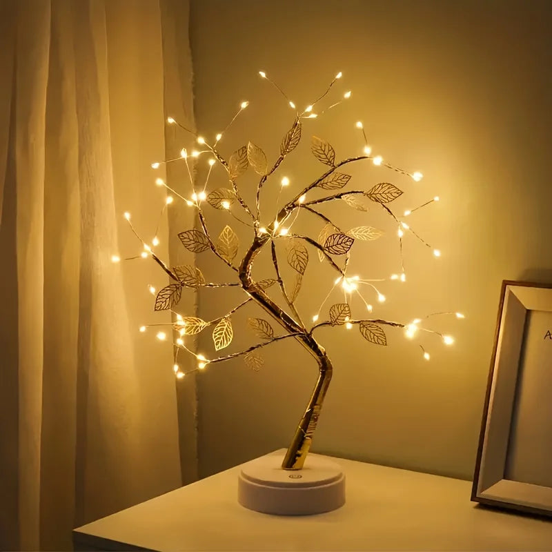 LED Tree Lamp – USB/Battery Powered Decorative Light with Copper Wire & Golden Leaves