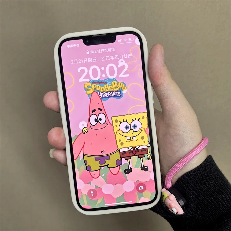 Cute Cartoon SpongeBob & Patrick Phone Case – With Wristband Strap (for iPhone 11–16 Pro Max)