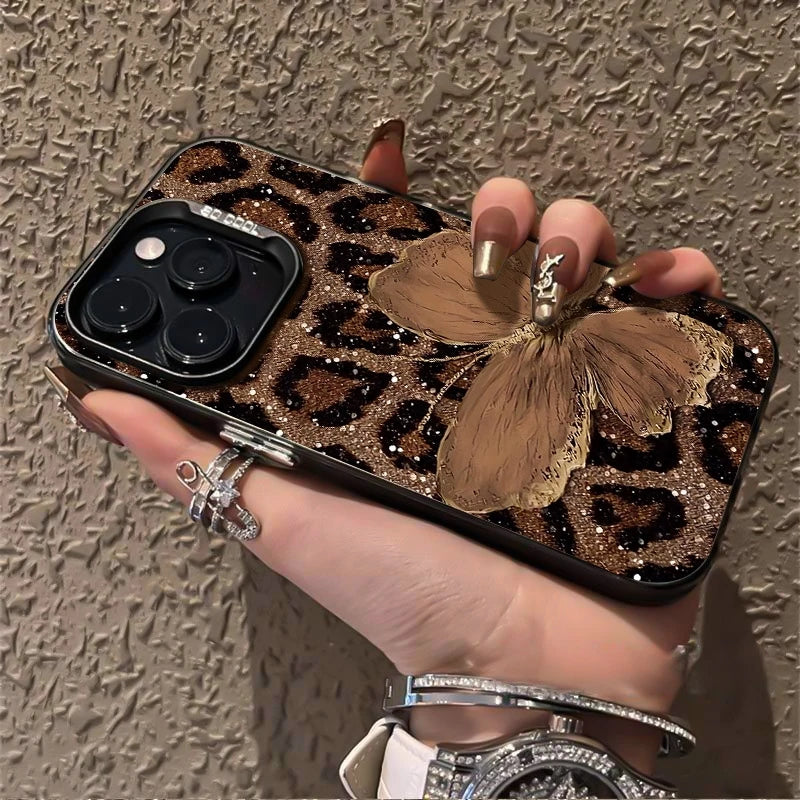 Brown Butterfly Leopard Print Phone Case for iPhone 17 16 15 14 13 12 Pro Max