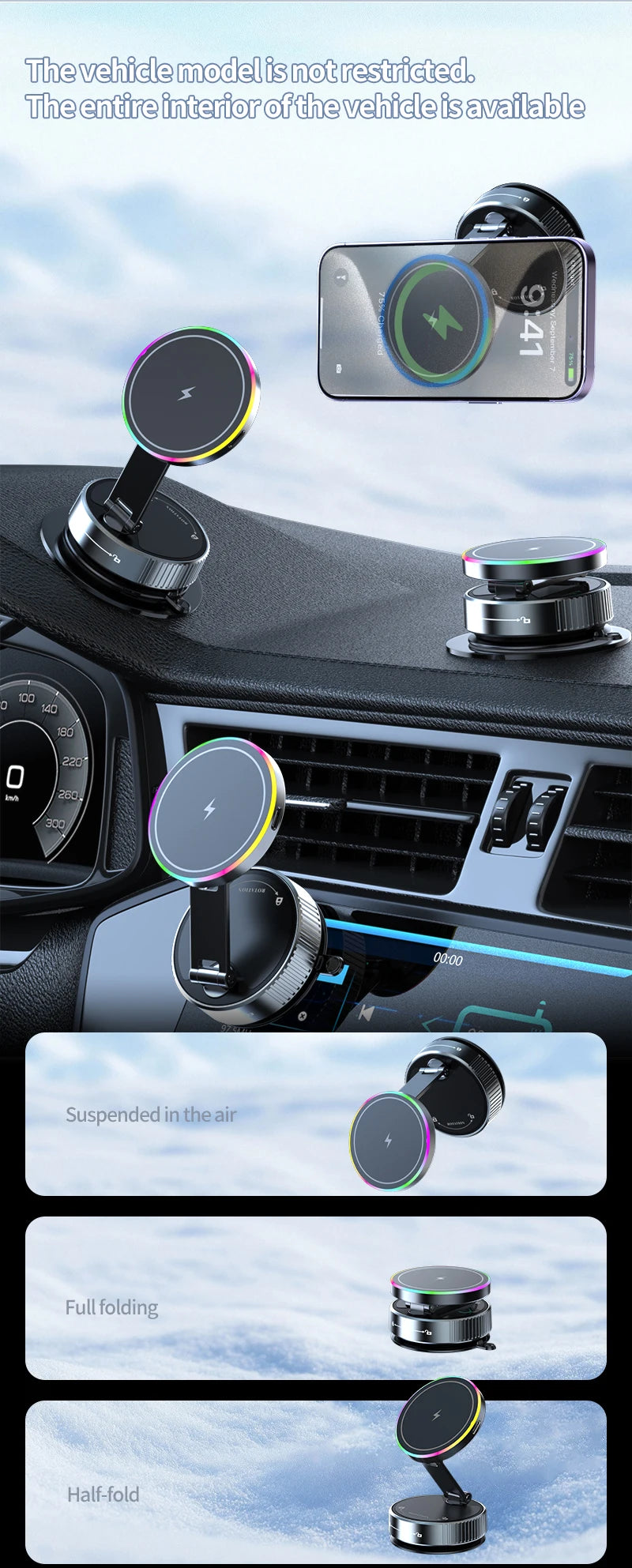 15W Wireless Charger Magnetic Car Holder – Multi-Angle Rotation for iPhone 12–16 Pro Max