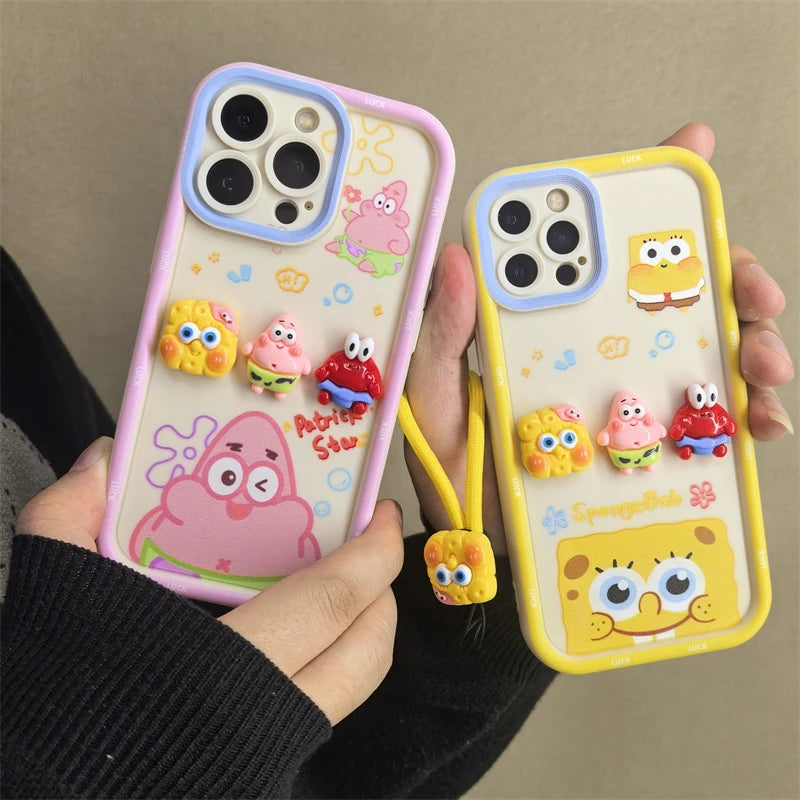 Cute Cartoon SpongeBob & Patrick Phone Case – With Wristband Strap (for iPhone 11–16 Pro Max)