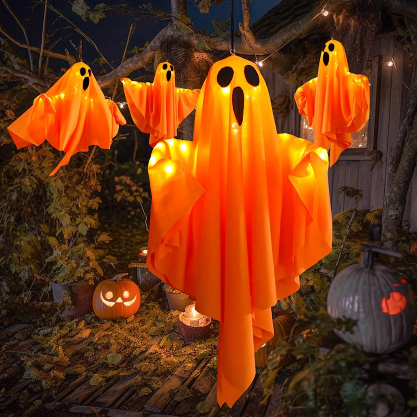 Halloween Light-Up Hanging Ghosts  Bright, Fun, and Perfect for Indoor or Outdoor Displays
