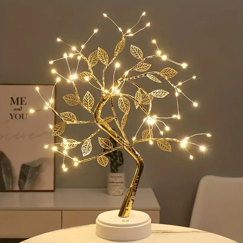 LED Tree Lamp – USB/Battery Powered Decorative Light with Copper Wire & Golden Leaves
