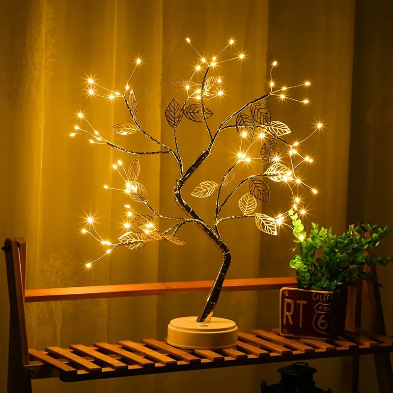 LED Tree Lamp – USB/Battery Powered Decorative Light with Copper Wire & Golden Leaves