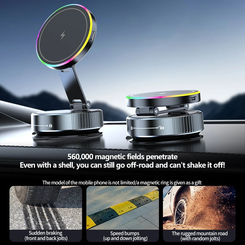 15W Wireless Charger Magnetic Car Holder – Multi-Angle Rotation for iPhone 12–16 Pro Max
