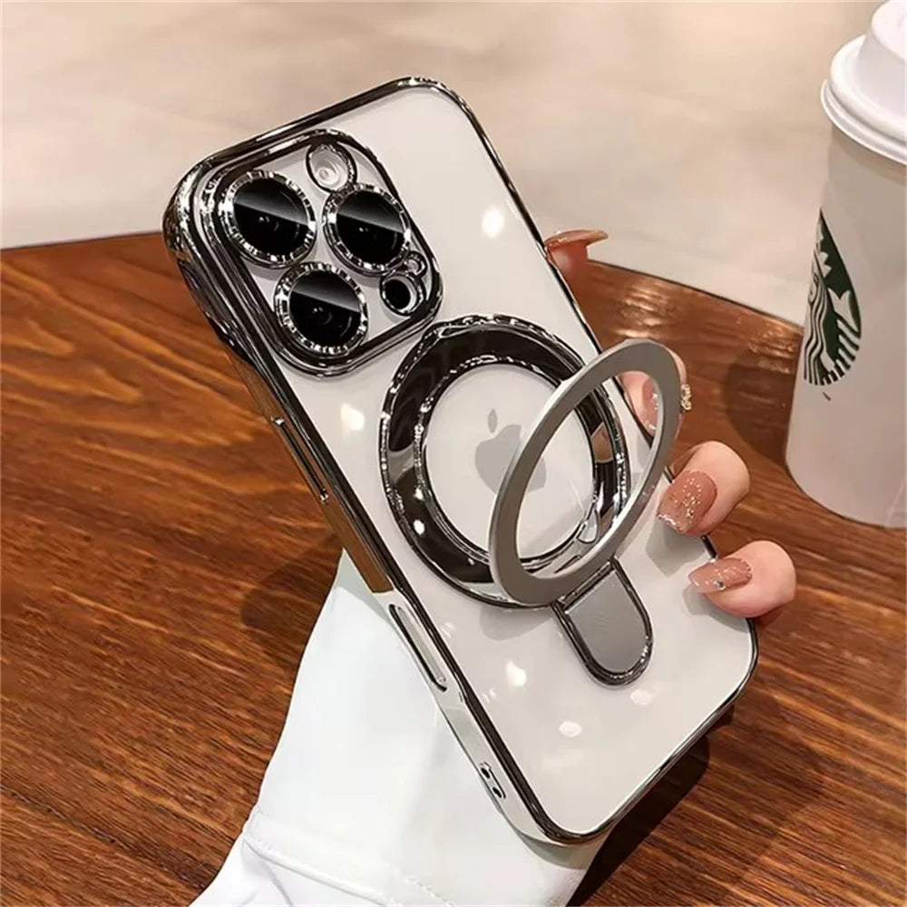 Luxury Magsafe Case with Magnetic Ring Stand – Clear Acrylic Cover for iPhone