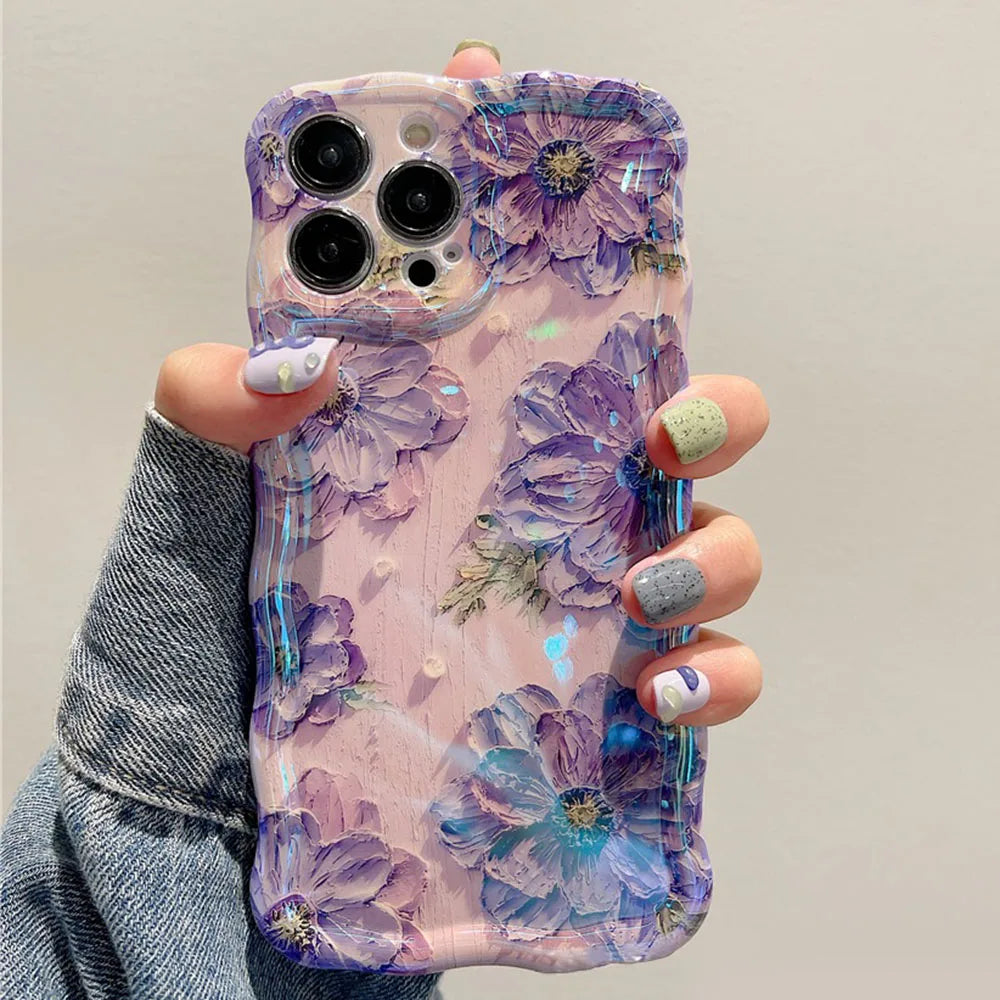 Stylish Floral Oil Painting Phone Case – Retro Wave Border Design for iPhone 11–16 Pro Max