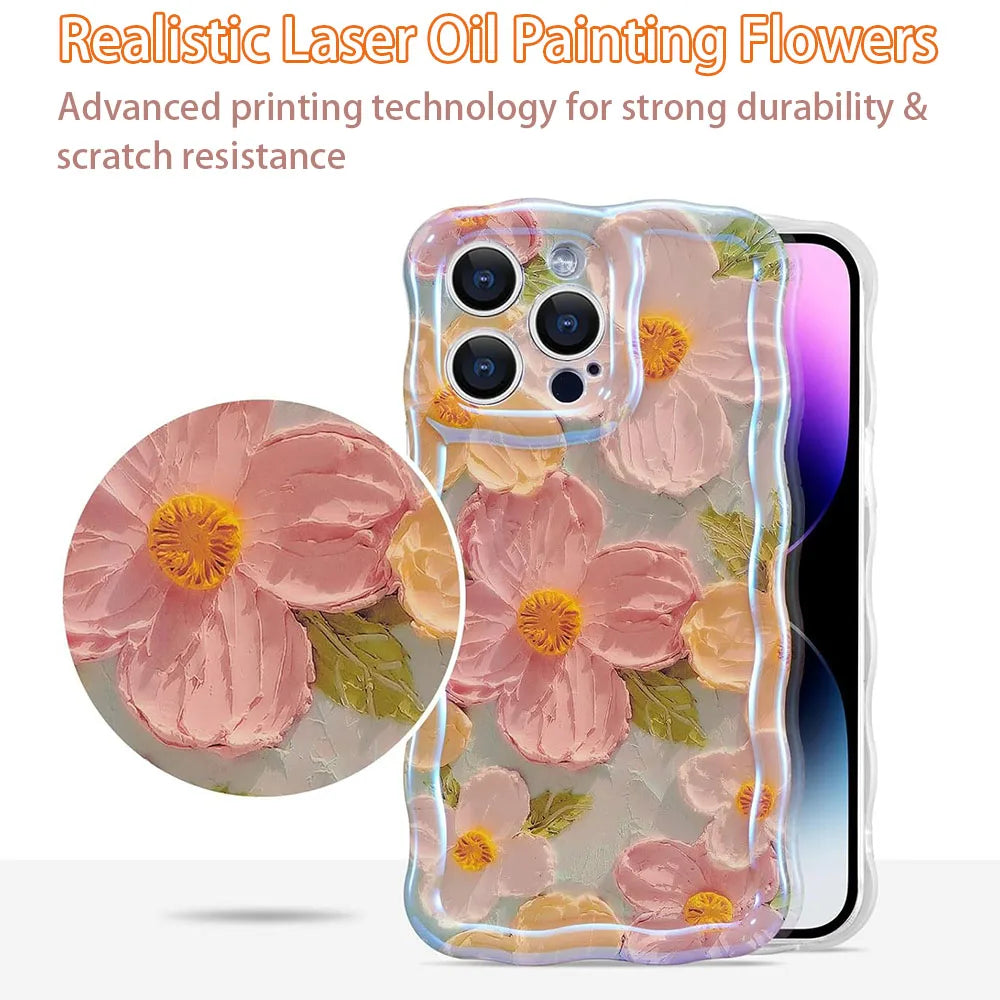 Stylish Floral Oil Painting Phone Case – Retro Wave Border Design for iPhone 11–16 Pro Max