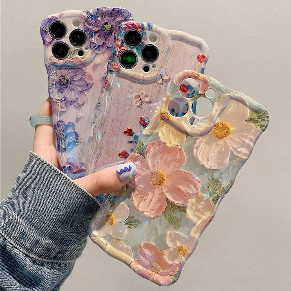 Stylish Floral Oil Painting Phone Case – Retro Wave Border Design for iPhone 11–16 Pro Max