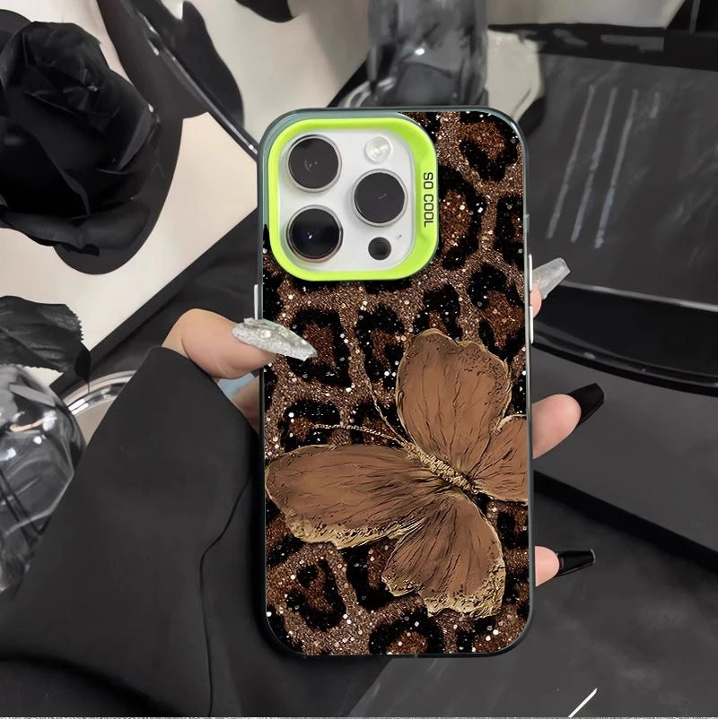 Brown Butterfly Leopard Print Phone Case for iPhone 17 16 15 14 13 12 Pro Max