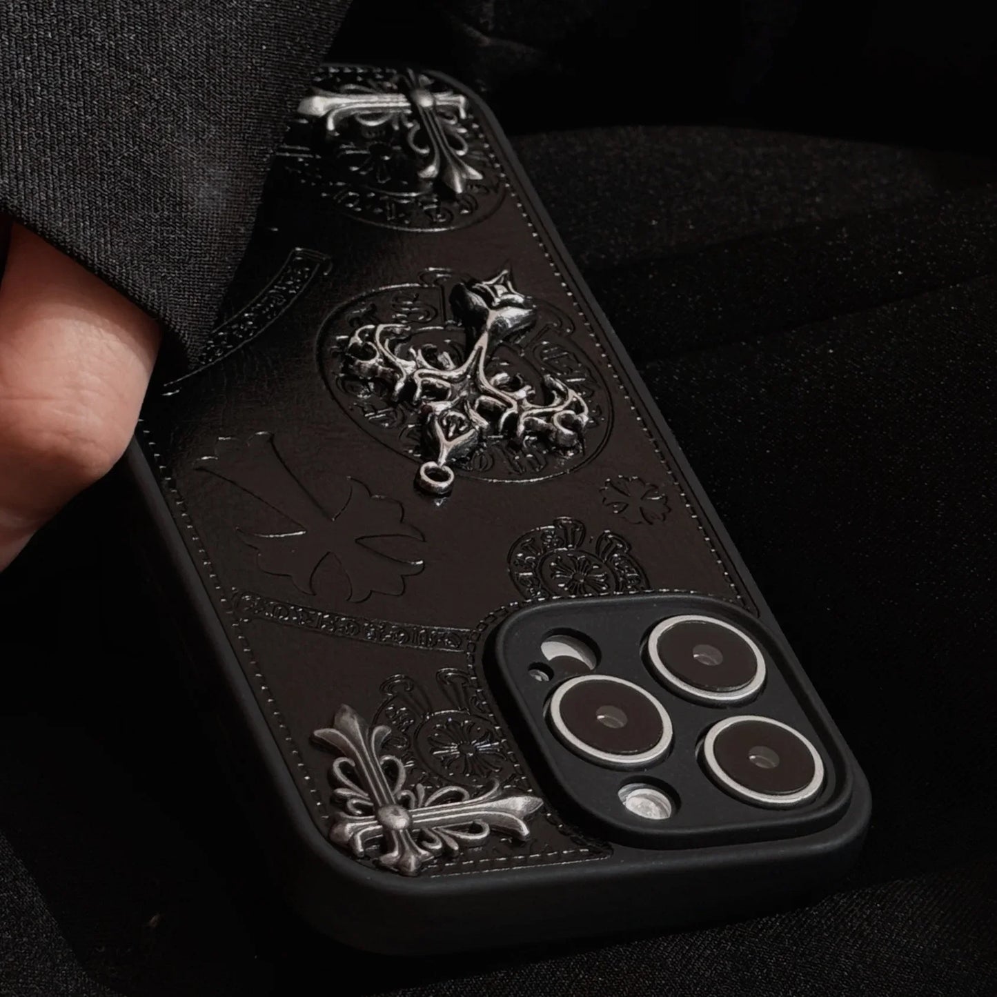 Luxury 3D Embossed PU Leather Protective Phone Case for iPhone 14/15/16 Series  Elegant Metallic Design