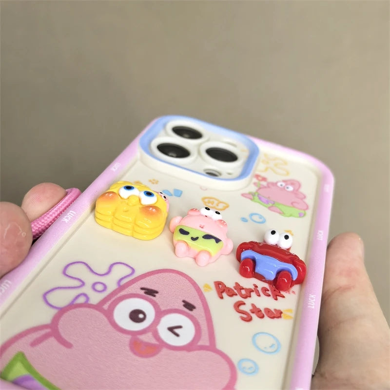 Cute Cartoon SpongeBob & Patrick Phone Case – With Wristband Strap (for iPhone 11–16 Pro Max)