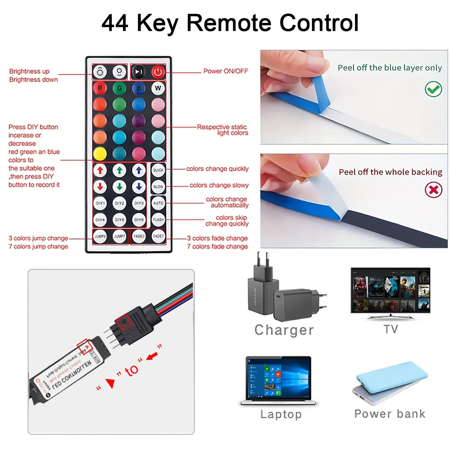 RGB LED Strip Lights with Remote Control – Color Changing Light Strips for Bedroom, TV, and Party Decor