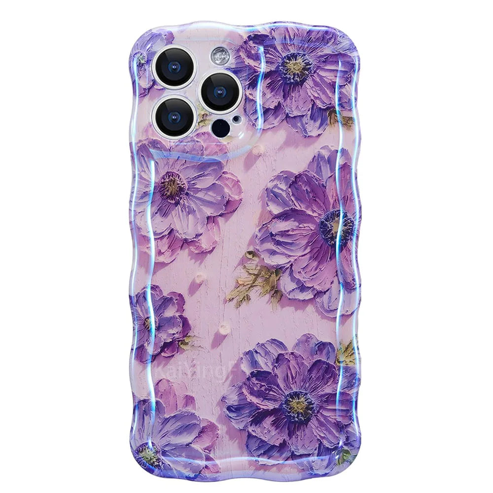 Stylish Floral Oil Painting Phone Case – Retro Wave Border Design for iPhone 11–16 Pro Max