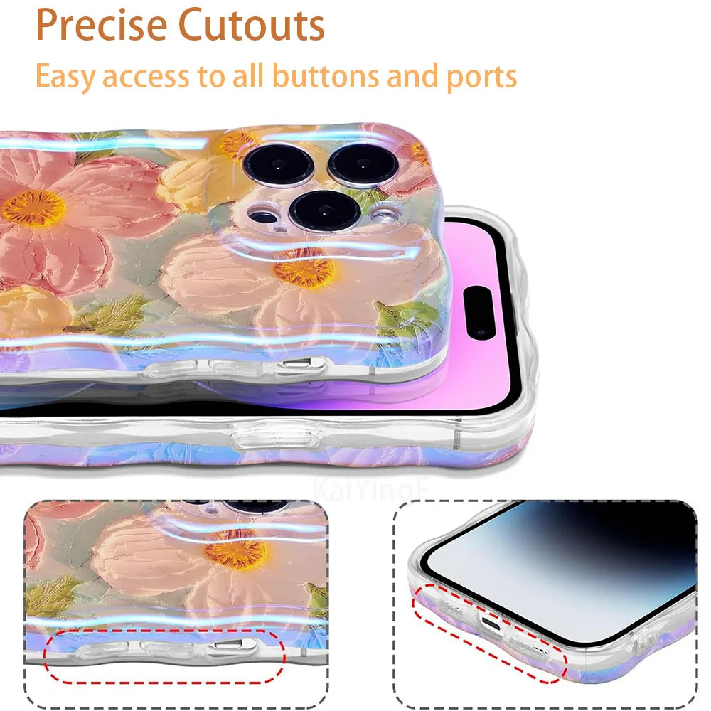 Stylish Floral Oil Painting Phone Case – Retro Wave Border Design for iPhone 11–16 Pro Max