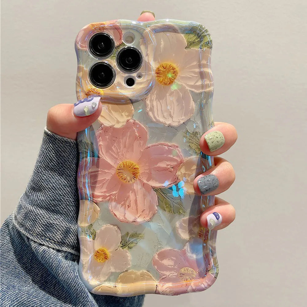 Stylish Floral Oil Painting Phone Case – Retro Wave Border Design for iPhone 11–16 Pro Max