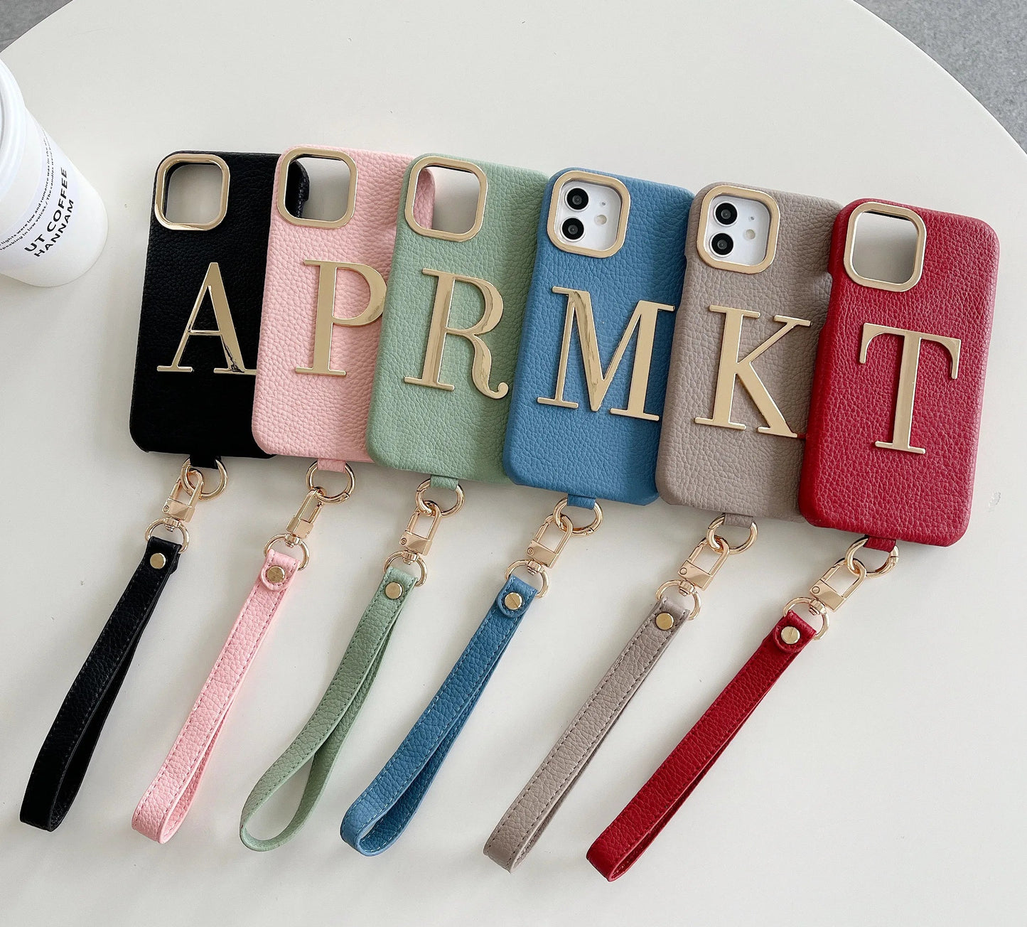 Leather Initial Phone Case with Hand Strap for iPhone