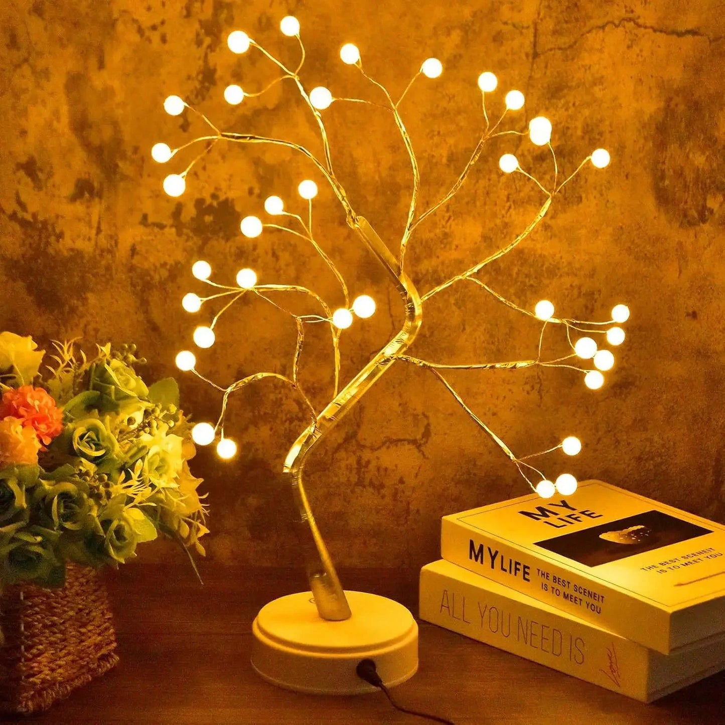 LED Tree Lamp – USB/Battery Powered Decorative Light with Copper Wire & Golden Leaves