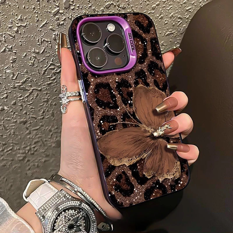 Brown Butterfly Leopard Print Phone Case for iPhone 17 16 15 14 13 12 Pro Max