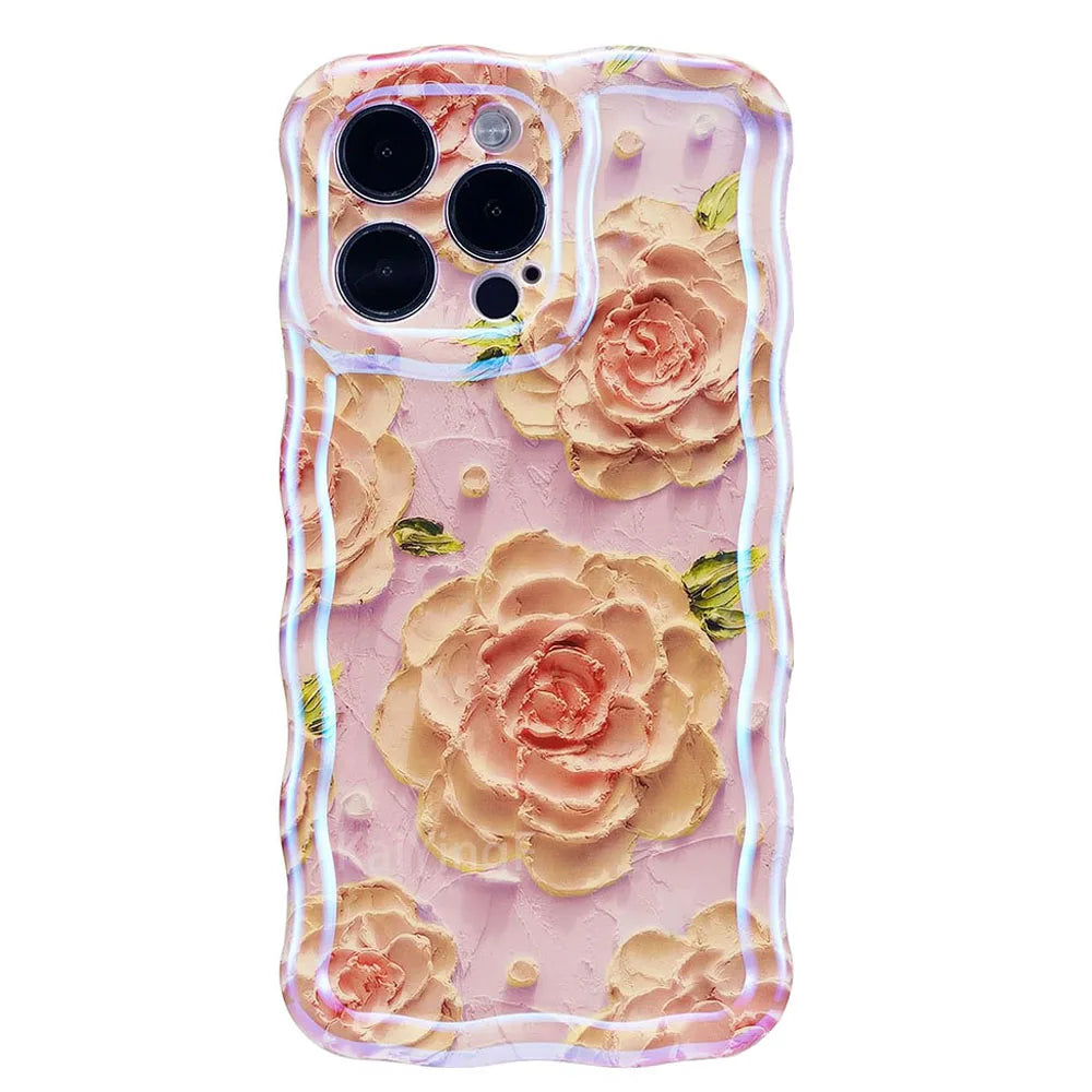 Stylish Floral Oil Painting Phone Case – Retro Wave Border Design for iPhone 11–16 Pro Max