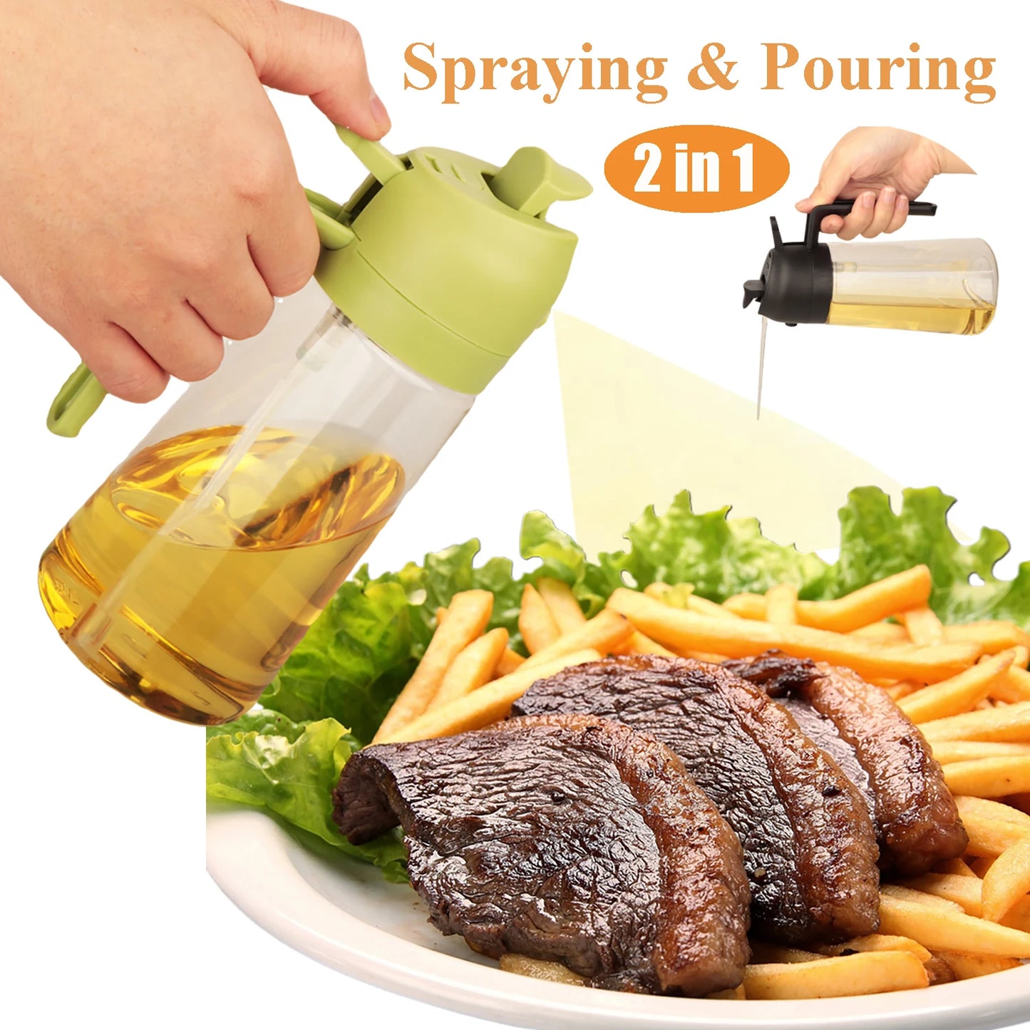 2 in 1 Olive Oil Dispenser and Sprayer – 16oz Bottle for Kitchen Use