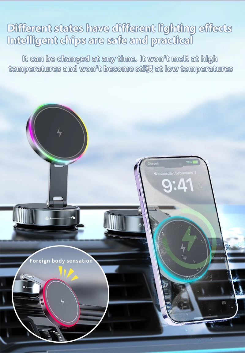 15W Wireless Charger Magnetic Car Holder – Multi-Angle Rotation for iPhone 12–16 Pro Max