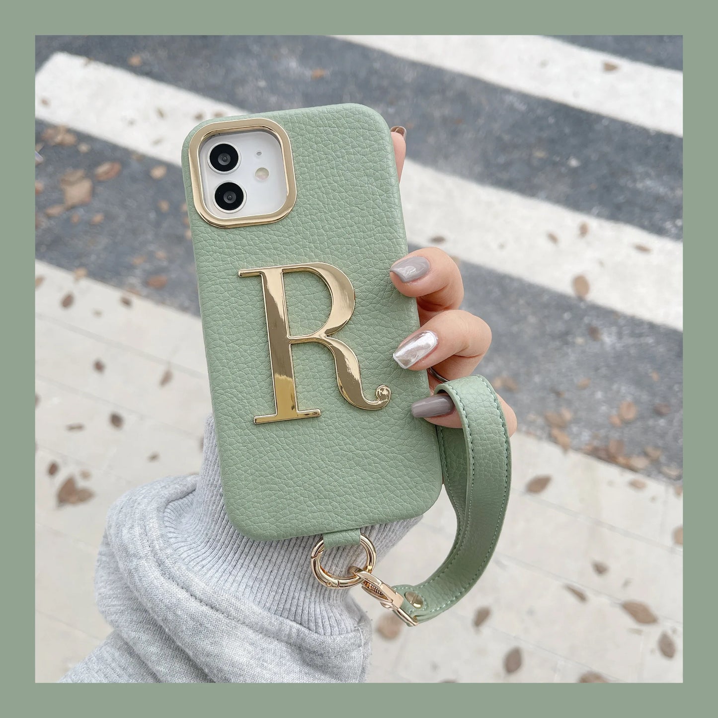 Leather Initial Phone Case with Hand Strap for iPhone
