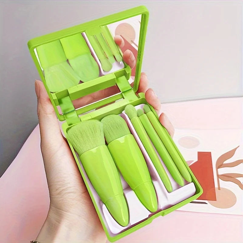 5Pcs Portable Makeup Brush Set with Mirror – Foldable Travel Kit