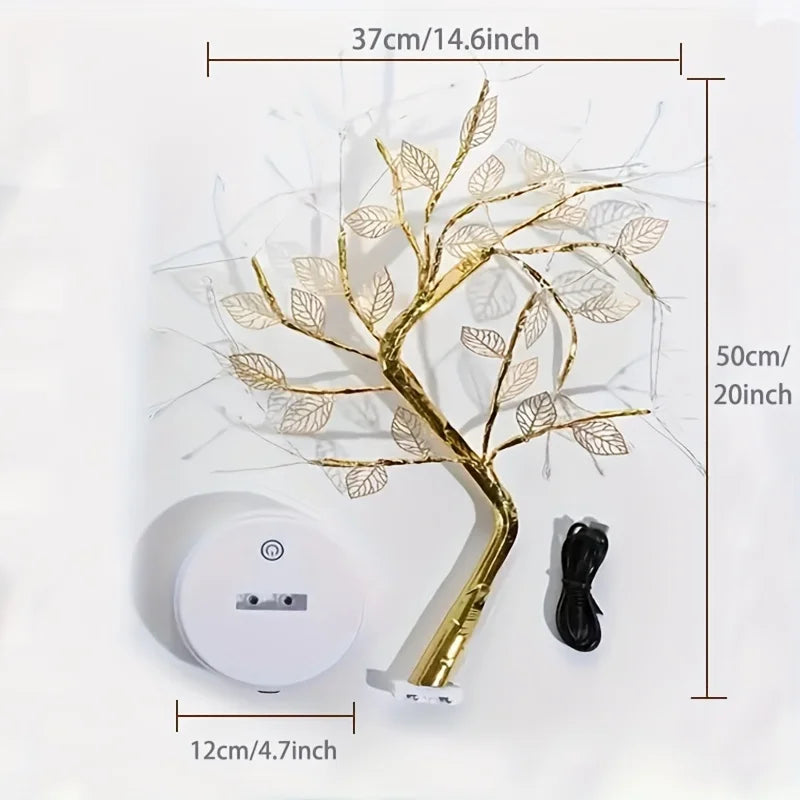 LED Tree Lamp – USB/Battery Powered Decorative Light with Copper Wire & Golden Leaves