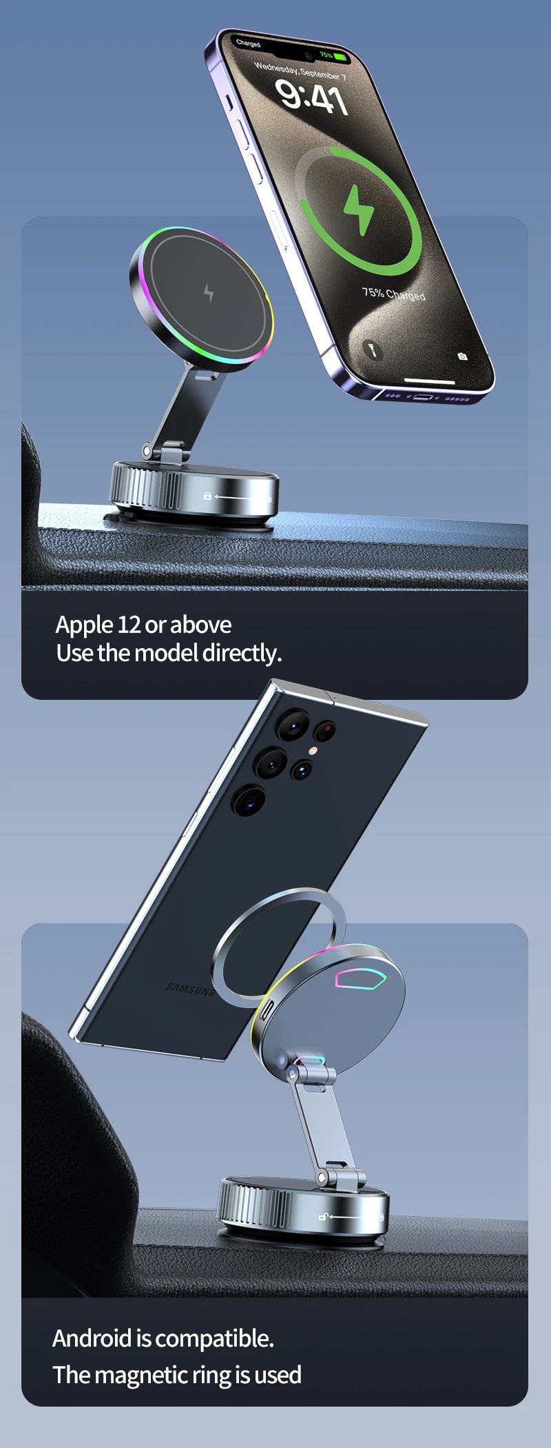 15W Wireless Charger Magnetic Car Holder – Multi-Angle Rotation for iPhone 12–16 Pro Max