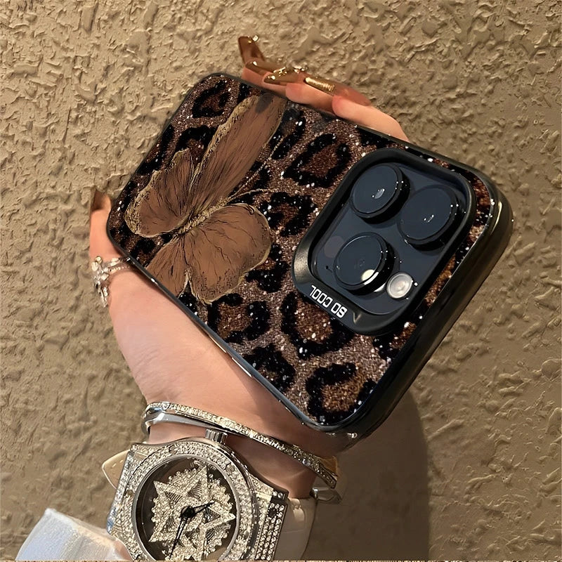 Brown Butterfly Leopard Print Phone Case for iPhone 17 16 15 14 13 12 Pro Max