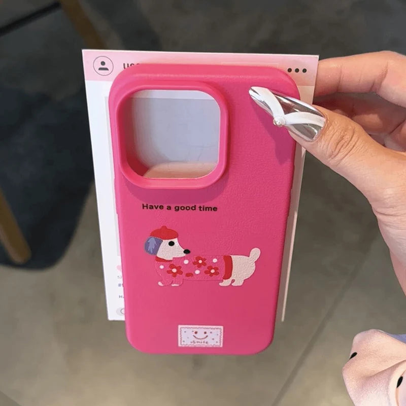 Cute Cartoon Dog Case for iPhone – Soft Litchi Pattern Cover