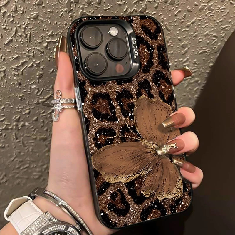 Brown Butterfly Leopard Print Phone Case for iPhone 17 16 15 14 13 12 Pro Max
