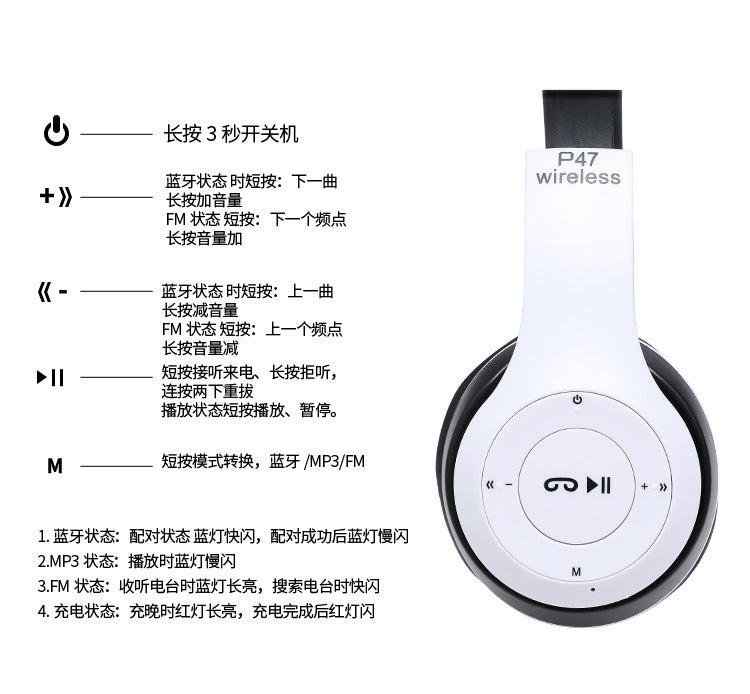 Stereo P47 Wireless Bluetooth 5.0 Headset – Foldable Sports Gaming Headphones with Mic