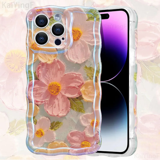 Stylish Floral Oil Painting Phone Case – Retro Wave Border Design for iPhone 11–16 Pro Max