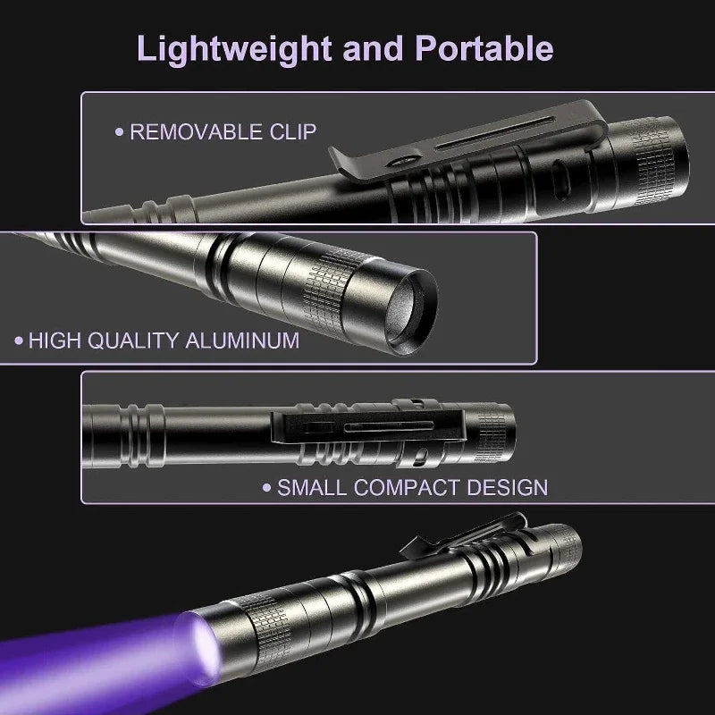 UV Flashlight 395nm – Mini Ultraviolet Torch with Pen Clip (Pet Urine & Scorpion Detector