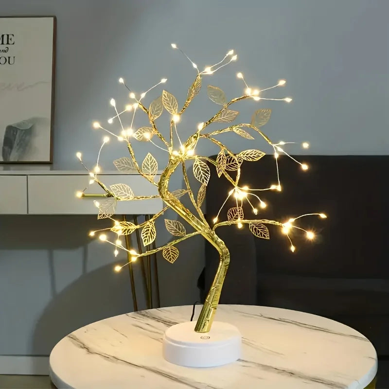 LED Tree Lamp – USB/Battery Powered Decorative Light with Copper Wire & Golden Leaves
