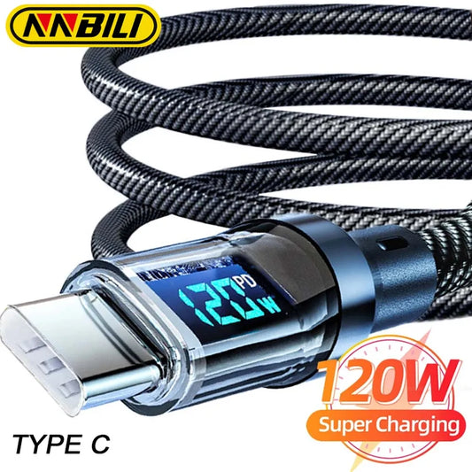 NNBILI 120W Type-C Fast Charging Cable with LED Display – Super Fast USB-C Charger Cord