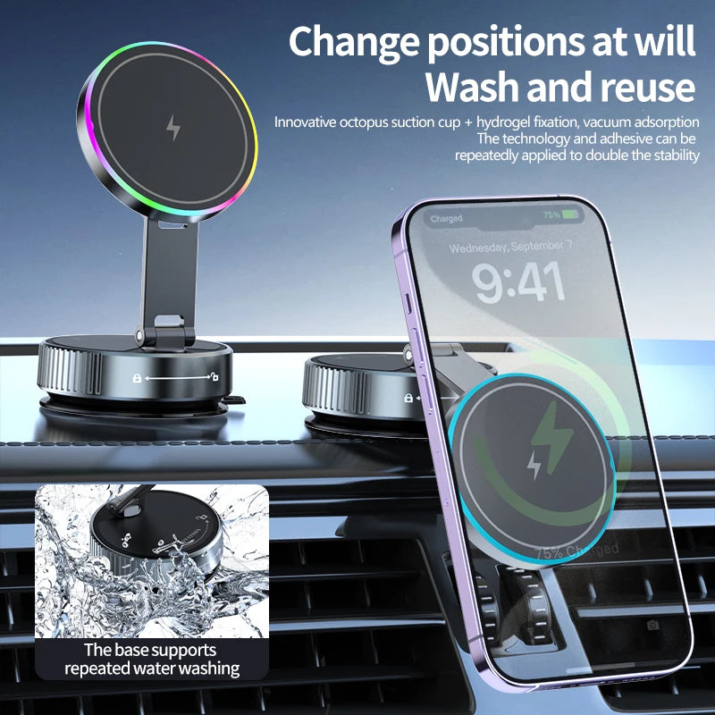 15W Wireless Charger Magnetic Car Holder – Multi-Angle Rotation for iPhone 12–16 Pro Max